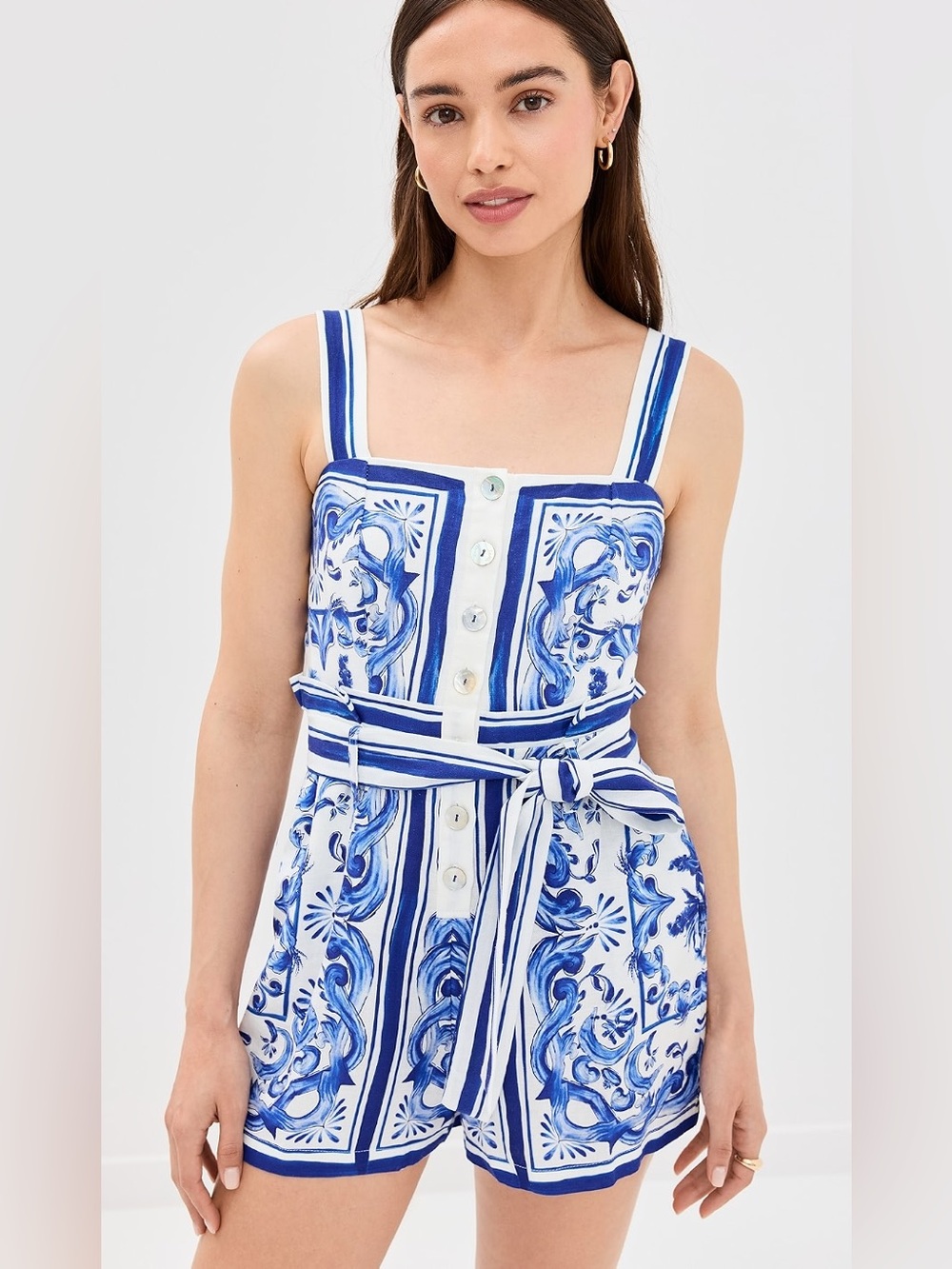 Farm Rio Garden Tiles Off White Romper Blue White